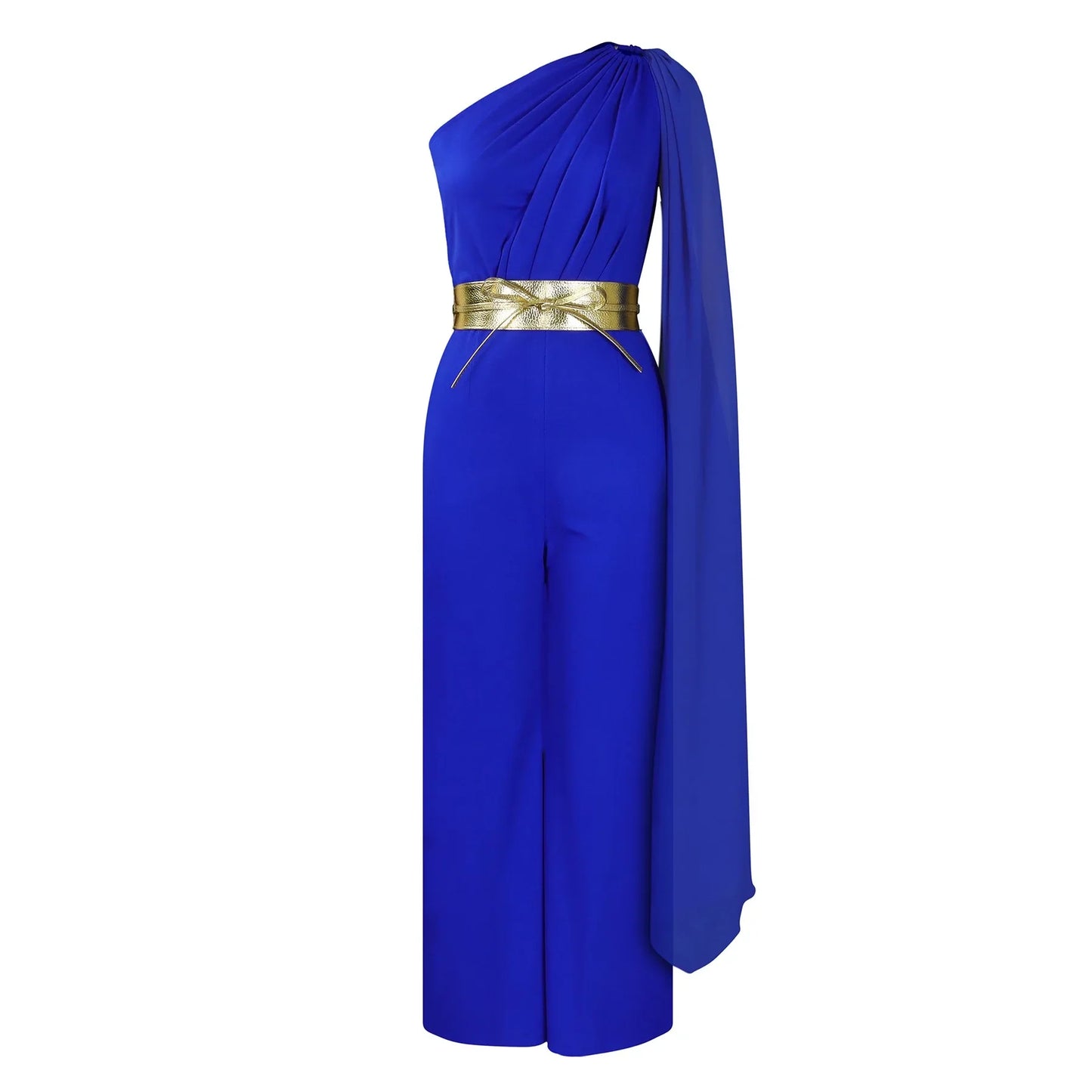 Chic high waisted romper with a unique one shoulder design and flowing sleeves, ideal for luxurious summer parties and nights out.