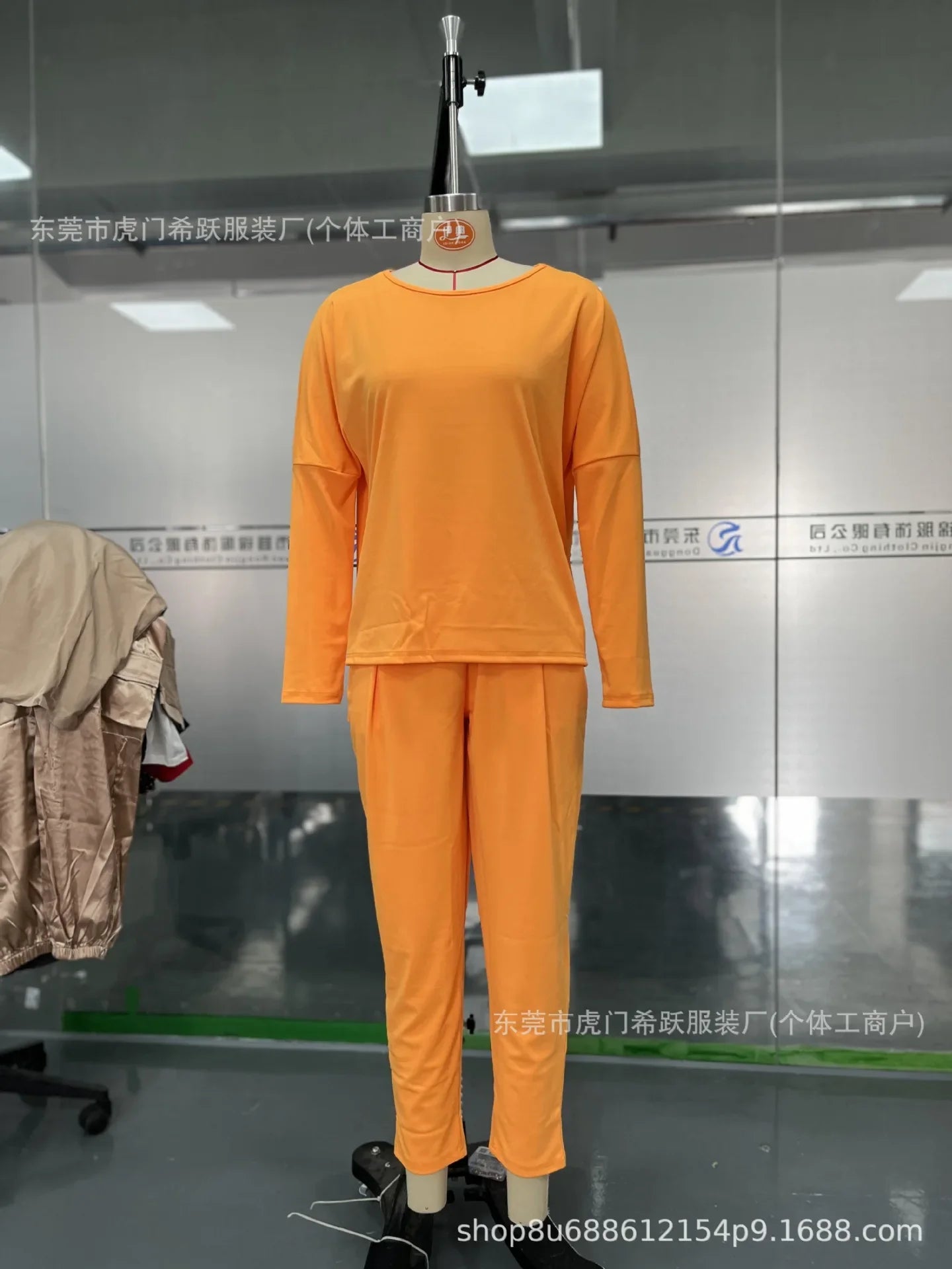 Beautifully styled model wearing an elegant two-piece outfit with full sleeve O-neck top and regular fit pants, exuding sophistication in a casual autumn/winter look.