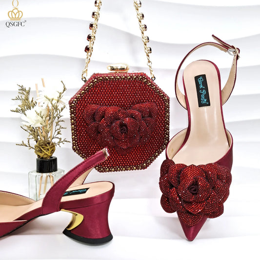 QSGFC women's elegant pointed toe mid-heel evening pumps in luxurious wine colour, complemented by a handmade floral clutch. Perfect for parties and formal occasions, this stylish combination showcases sophisticated craftsmanship and trendy design, available in sizes 38-43.
