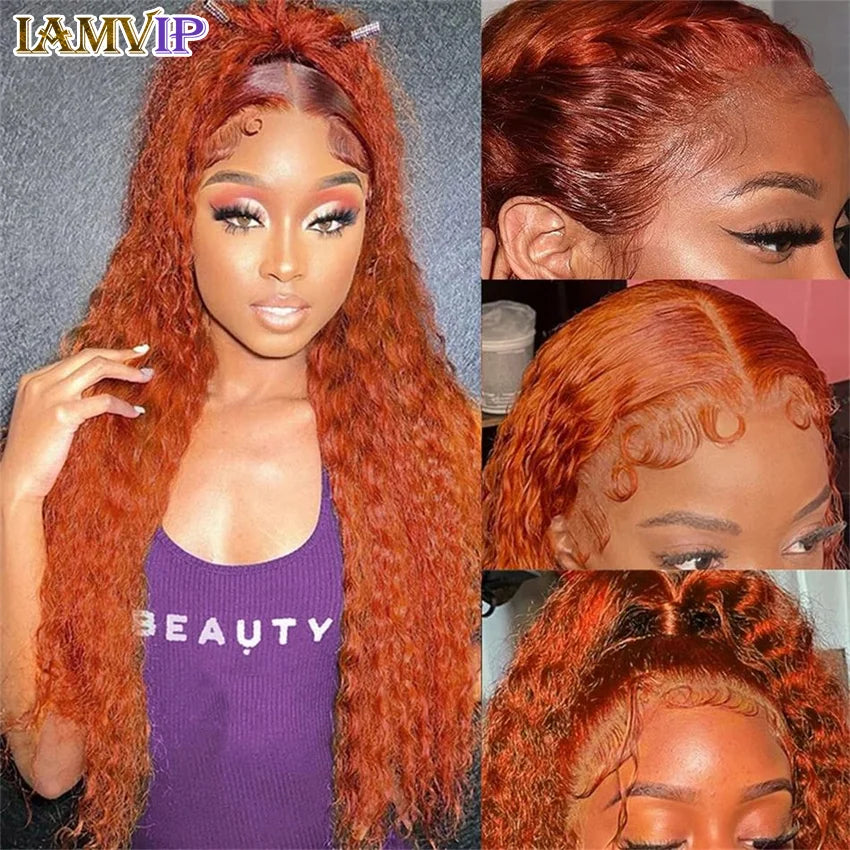 Chic and bouncy Orange Ginger Deep Wave front lace wig, designed for a high-density natural look, perfect for fashion-forward styles.