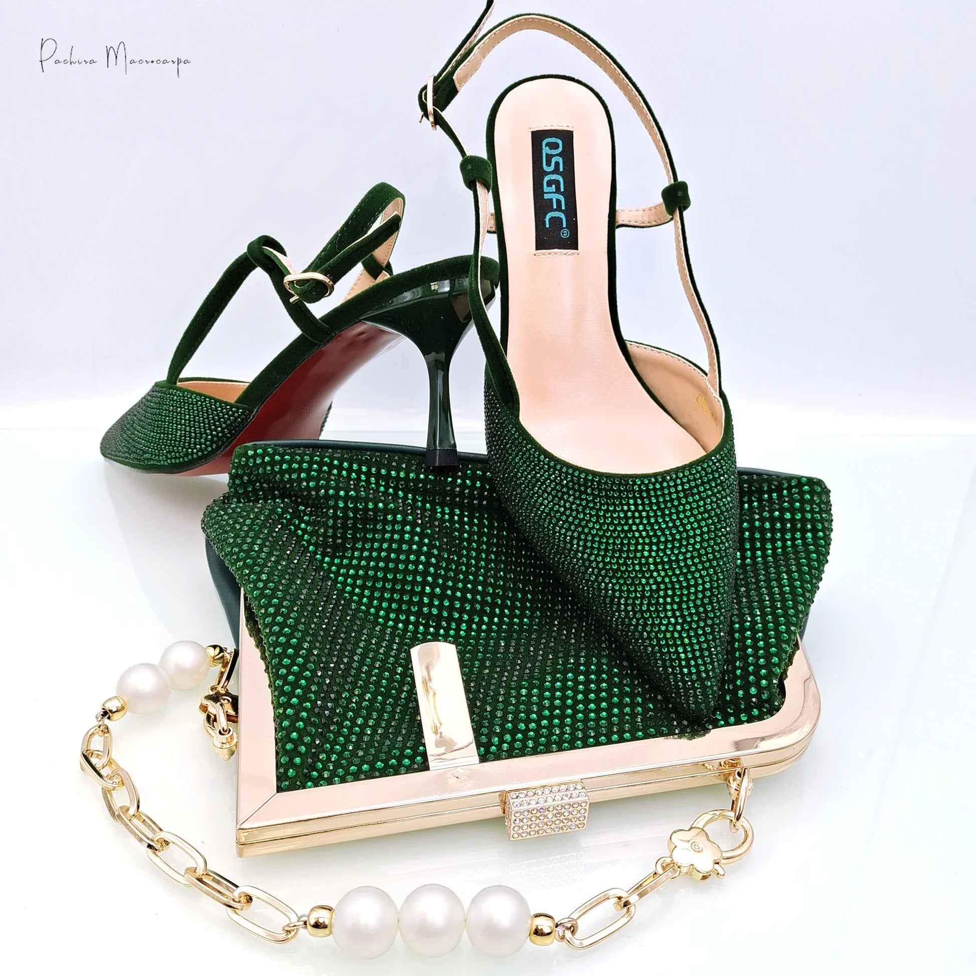 Stylish green party bag for women with high capacity and crystal accents, blending functionality with elegance.