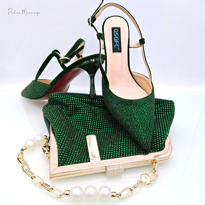 Stylish green party bag for women with high capacity and crystal accents, blending functionality with elegance.
