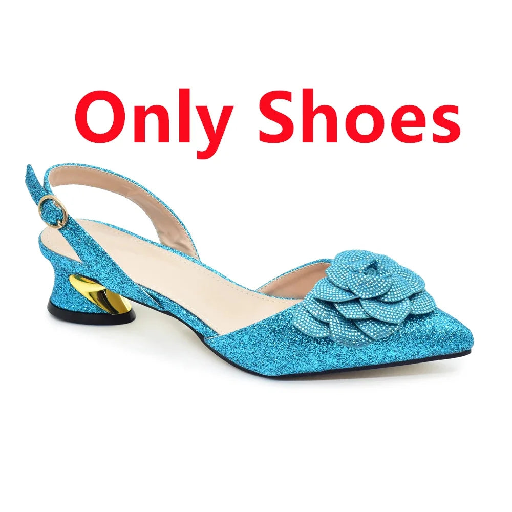 Chic and sophisticated women's shoe and bag set, featuring shimmering details and a modern design, perfect for summer events.