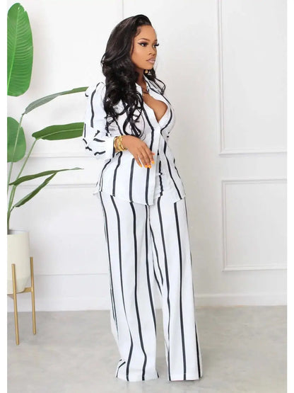 Elegant women's luxe casual two-piece striped set featuring long pants and a matching shirt in a sophisticated style.