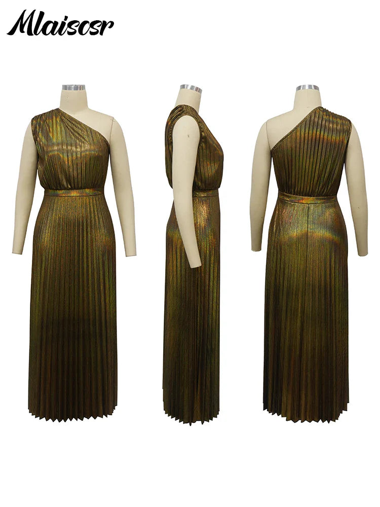 Elegant women's luxury metallic gold evening dress featuring a one-shoulder design and pleated A-line silhouette.
