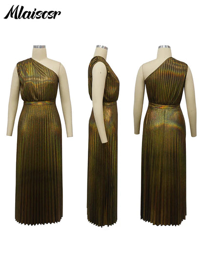 Elegant women's luxury metallic gold evening dress featuring a one-shoulder design and pleated A-line silhouette.