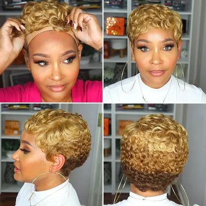 Luxury Brazilian human hair short afro curly pixie cut wig showcasing Remy deep wave texture in a stunning black shade, perfect for an elegant hairstyle.