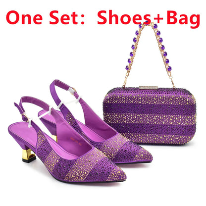 Striking purple spike heels and matching handbag set, showcasing Italian luxury and design, perfect for adventurous women who love high-fashion accessories.
