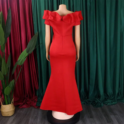 Full view of an exquisite off-shoulder mermaid dress, showcasing its glamorous trumpet shape and sophisticated solid colour for women seeking a stylish evening outfit.