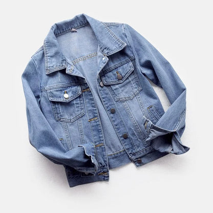 Full-length view of a sophisticated women's denim jacket styled for spring and summer, featuring a turn-down collar and pockets.
