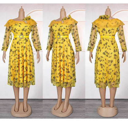 Sophisticated close-up of the luxurious fabric showcasing intricate Muslim print designs on a plus size maxi dress.