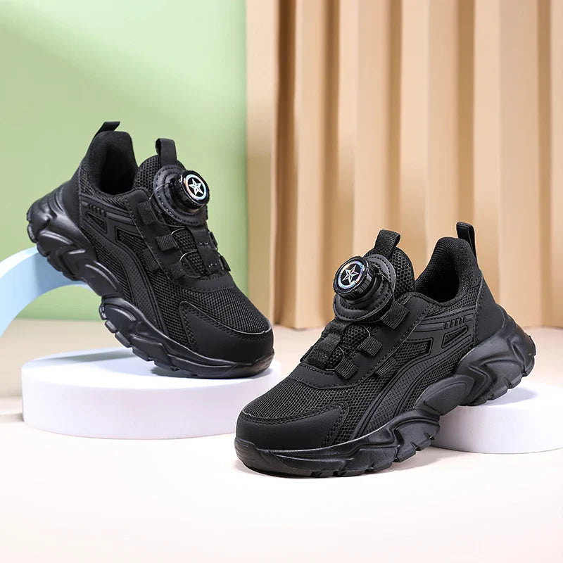 Premium anti-slippery black sports sneakers for boys, crafted for breathable comfort and all-season wear, ideal for play and leisure.