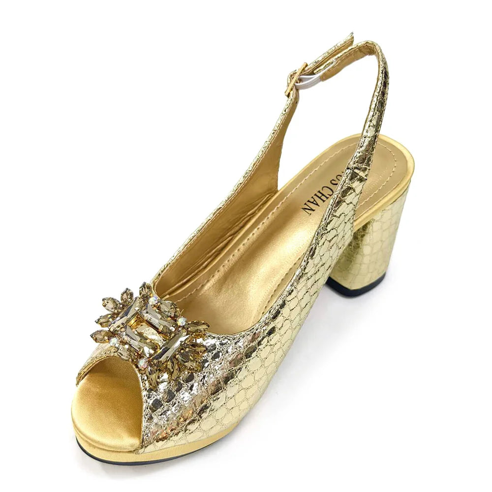 Close-up of luxurious rhinestone detailing on Italian women's shoes, ideal for adding glamour to any occasion.