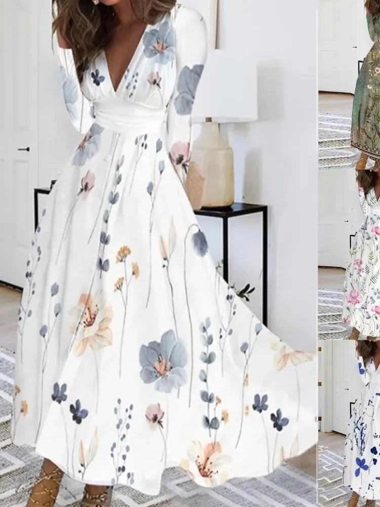 Luxurious floral A-line dress showcasing a flattering silhouette, ideal for sophisticated autumn occasions.