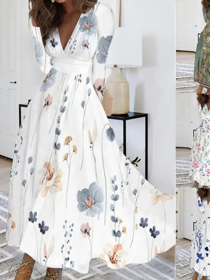 Luxurious floral A-line dress showcasing a flattering silhouette, ideal for sophisticated autumn occasions.