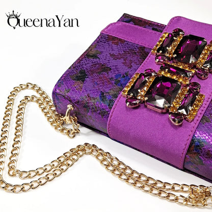 High-quality peep toe sandals by QSGFC in luxurious purple, showcasing a unique design with rhinestone accents.