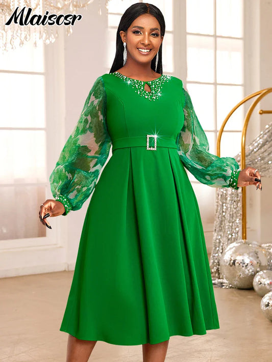 Elegant Mlaiscsr green office lady dress featuring an exquisite O-neck, luxurious pearl mesh lantern sleeves, and a flattering A-line silhouette, perfect for formal occasions.