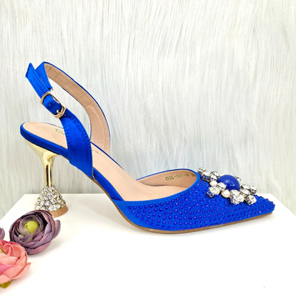 Luxurious blue women's stiletto heels sandals showcasing a stunning rhinestone and pearl design, suitable for weddings and formal gatherings.