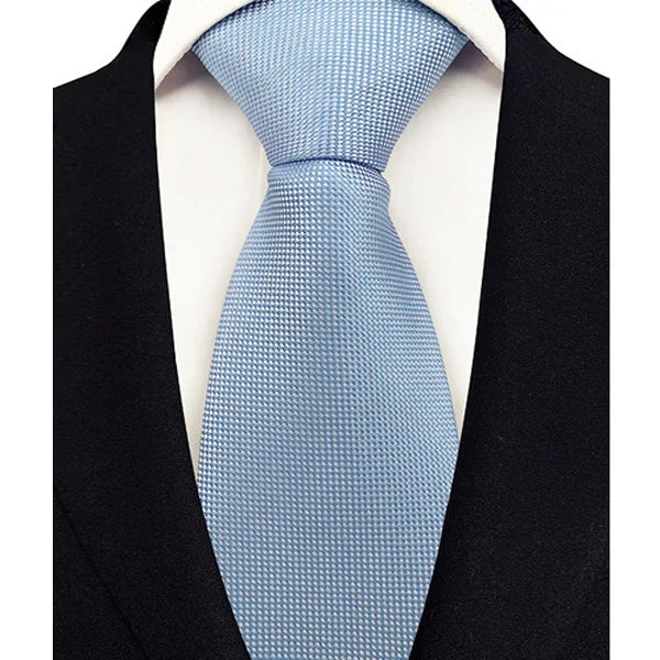 Stylish 8CM men's neck tie displayed elegantly, featuring a combination of green and blue plaid stripes with floral jacquard weaving for a classy touch.