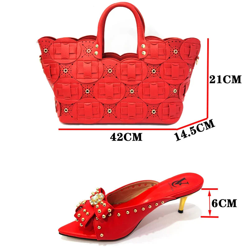 Top view of a lavish matching bag set beside stylish high heeled shoes, illustrating a perfect ensemble for contemporary women's fashion.