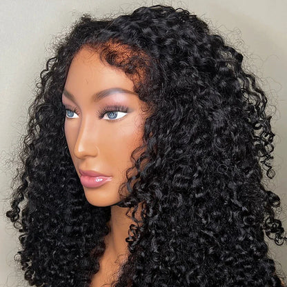 Side view of the Luxury 26'' Kinky Curly Lace Front Wig highlighting its voluminous curls and natural black colour, styled for an elegant appearance.