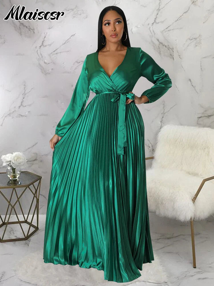 Mlaiscsr Women's Luxury Dress featuring intricate pleating, V-neckline, and A-line silhouette, ideal for autumn and winter celebrations.