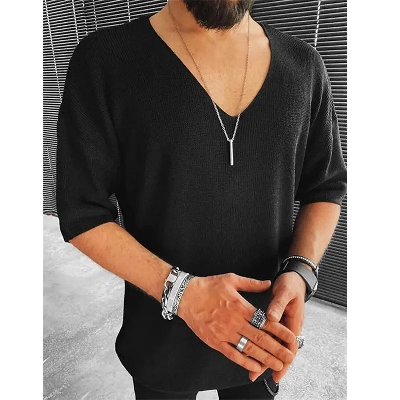 Sophisticated and stylish men's V-neck short sleeve tops made from high-quality polyester, perfect for casual and semi-formal occasions.
