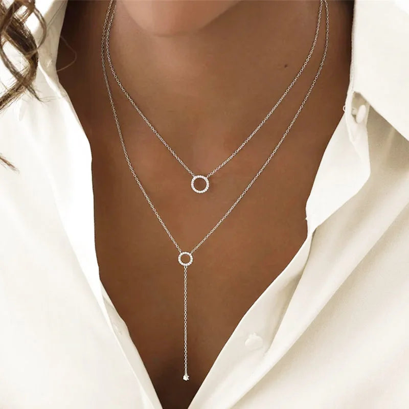 Elegant S925 Sterling Silver Double-Deck Circle Zircon Pendant Necklace featuring a luxurious long O-chain, ideal for women's fashion.