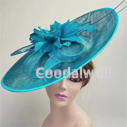 Elegant Royal Ascot big fascinator hat for women featuring luxurious feathers and a wide brim, ideal for weddings and parties.