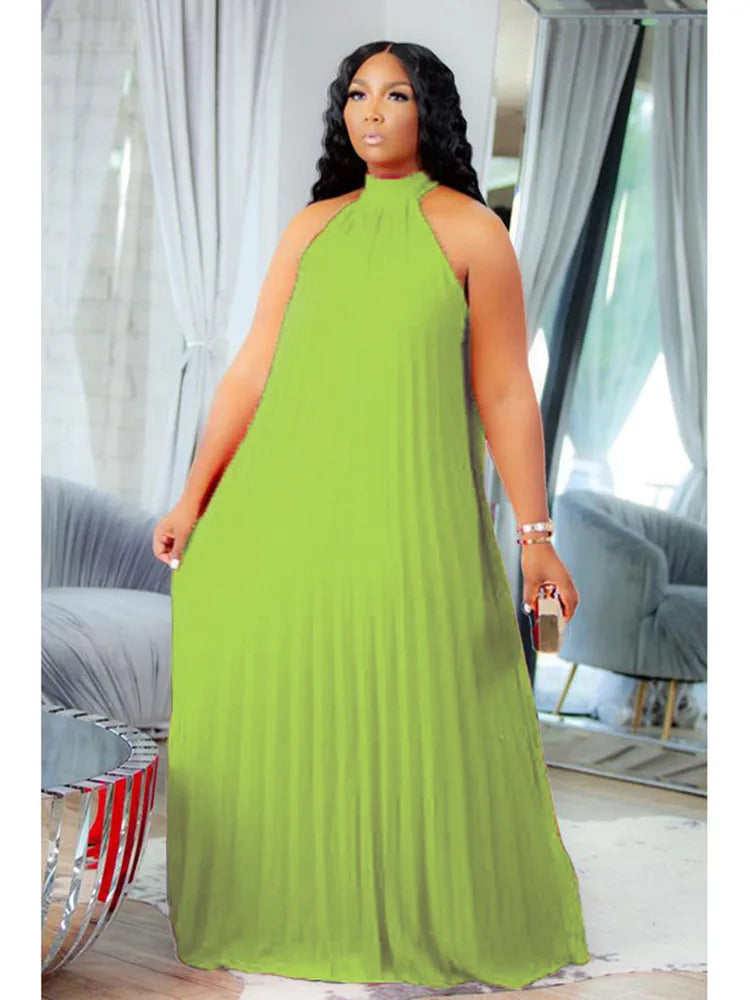Elegant plus size women's A-line halter sleeveless maxi dress, showcasing a flowing silhouette perfect for evening occasions.