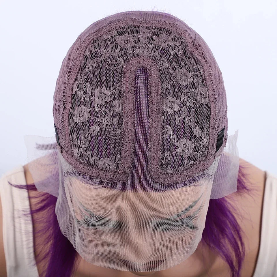 Luxury Brazilian purple short straight lace bob wig with transparent Swiss lace, showcasing Remy human hair craftsmanship.