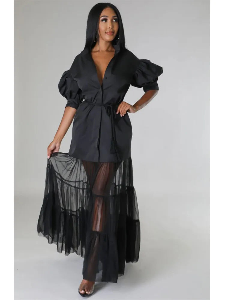 Sophisticated women's white lace dress displayed elegantly on a mannequin, highlighting its loose fit, natural waistline, and versatile office lady style.