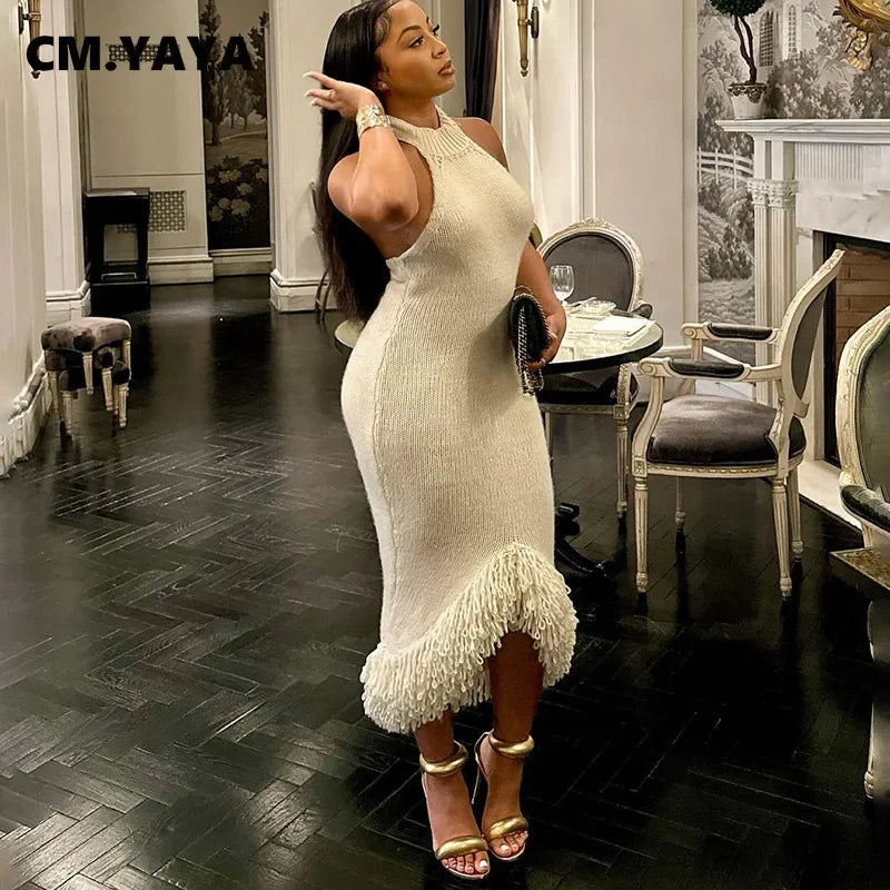 Luxurious mid-calf length bodycon gown for women by CM.YAYA, showcasing a slimming silhouette and exquisite tassel detailing.