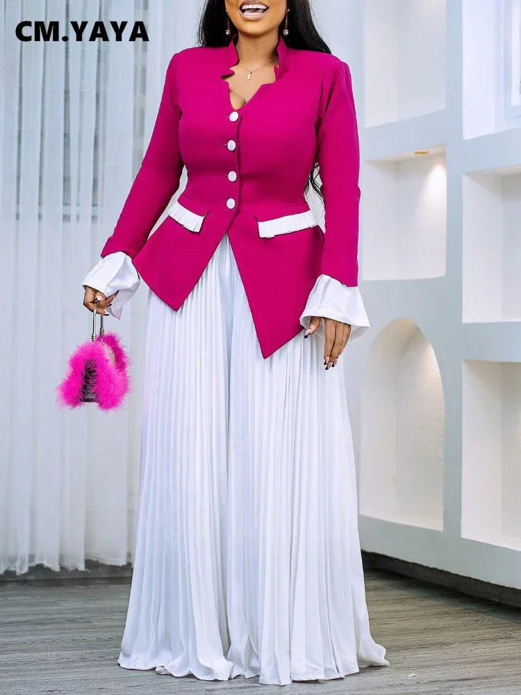 CM.YAYA Women's Plus Size Office Lady Blazer Shirt with Flare Sleeves in polished black, styled elegantly for modern professional women.