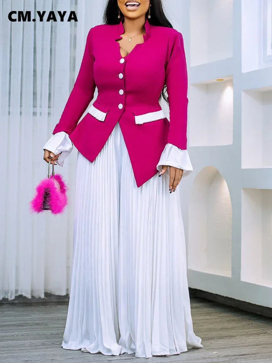 CM.YAYA Women's Plus Size Office Lady Blazer Shirt with Flare Sleeves in polished black, styled elegantly for modern professional women.