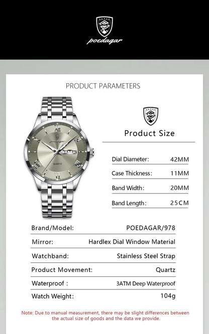 Stylish men's sports watch with a push button hidden clasp, highlighting its robust design, 3BAR water resistance, and luminous features.