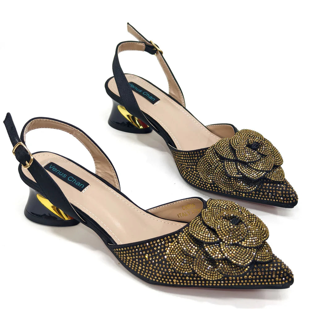Stylish women's pump and bag set showcasing intricate floral embellishments and sparkling rhinestones, suitable for parties and weddings.