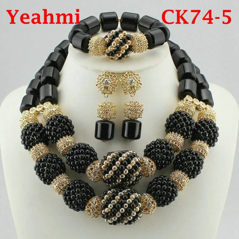 Luxury African resin beads jewelry set laid out elegantly, featuring a classic design suitable for women at weddings, anniversaries, and fashionable gatherings.