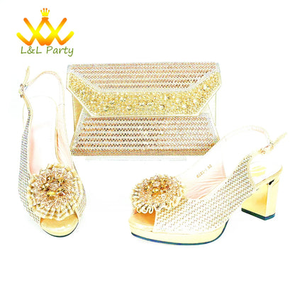 Luxurious Italian women’s green crystal platform sandals elegantly paired with a matching bag set, perfect for weddings and special occasions.