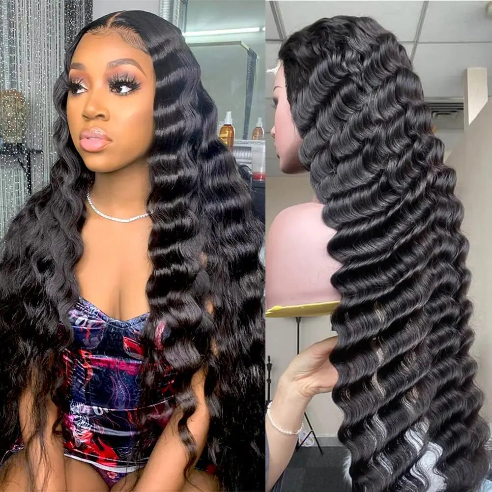 Luxurious 13x4 HD Lace Front Wig showcasing 180 200 density long loose deep wave Brazilian human hair in natural black, designed for an elegant look.