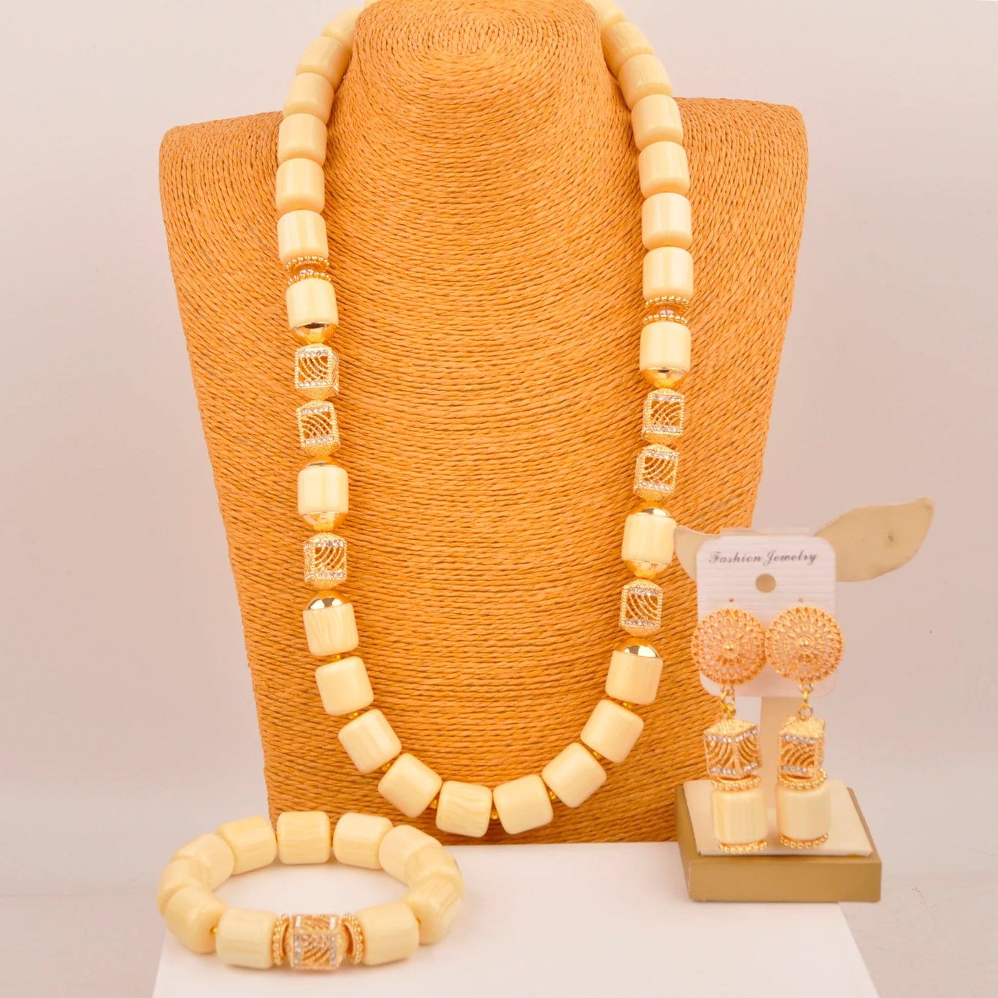 Close-up view of luxurious Nigerian bridal jewelry set showcasing intricate designs of artificial coral beads, ideal for elegant wedding attire.