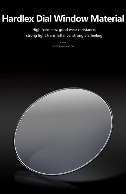 Close-up of waterproof luxury quartz wristwatch with luminous hands, ideal for sports and stylish occasions.