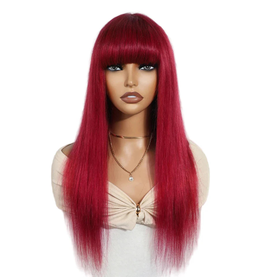 Luxurious Brazilian straight red burgundy human hair wig with bangs, designed for black women, showcasing premium quality and style.