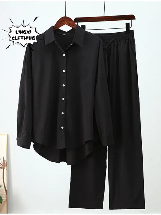 Luxury women's spring/summer casual outfit set featuring a loose elastic long sleeve shirt and wide leg pants, ideal for elegant and relaxed occasions.