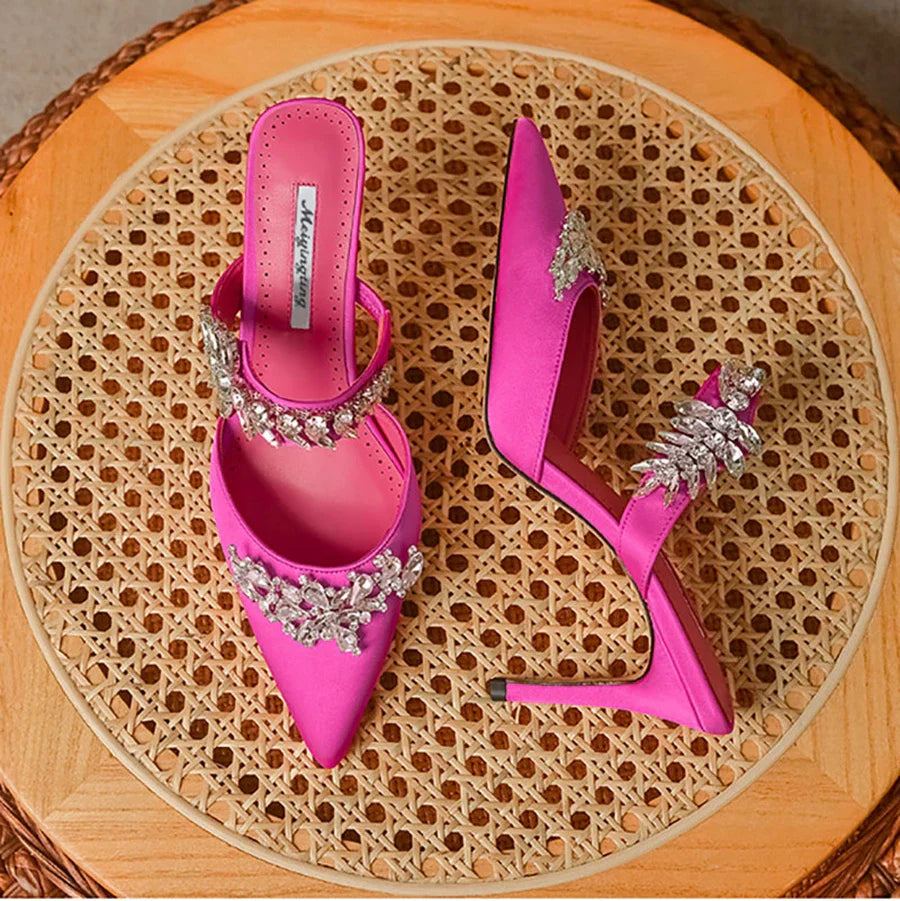 Elegant women's luxury silk mules sandals adorned with rhinestones, featuring low heels and a pointed toe design, perfect for summer occasions.