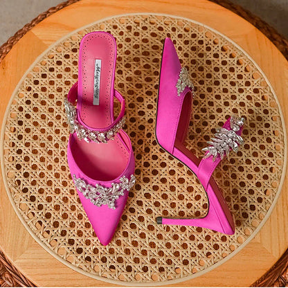 Elegant women's luxury silk mules sandals adorned with rhinestones, featuring low heels and a pointed toe design, perfect for summer occasions.