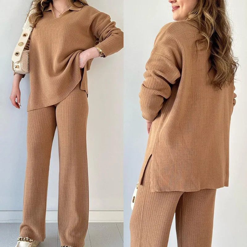Luxurious women's casual chic outfit showcasing a beautiful solid v-neck pullover combined with full-length wide-leg pants, designed for comfort and elegance.