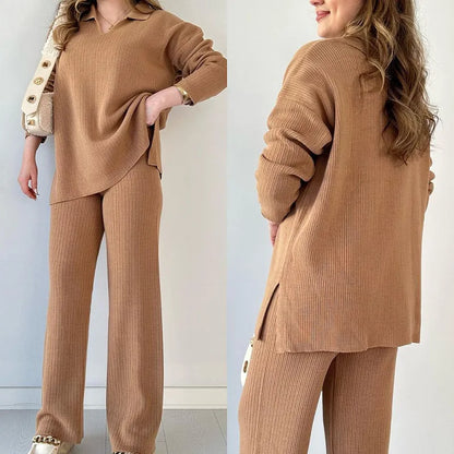 Luxurious women's casual chic outfit showcasing a beautiful solid v-neck pullover combined with full-length wide-leg pants, designed for comfort and elegance.