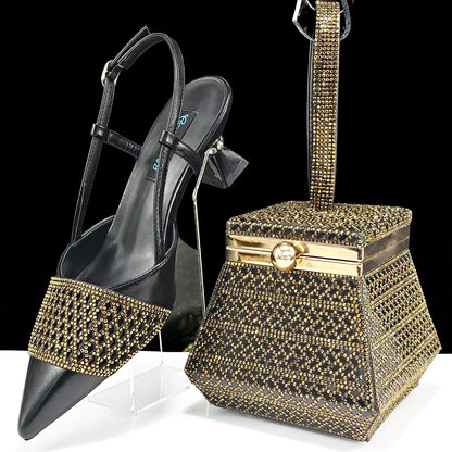 Chic black and gold handbag with adjustable strap, beautifully matching the rhinestone-embellished party shoes.