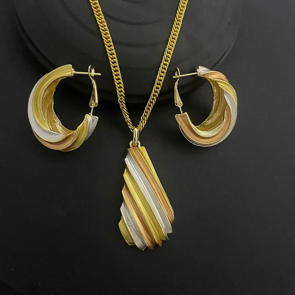 Sophisticated look of a gold-plated copper jewelry set including necklace and earrings, embodying modern elegance for women.